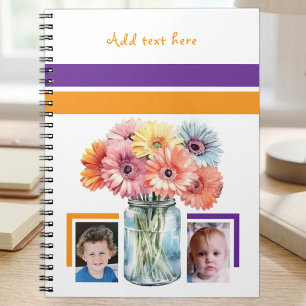 2 Foto benutzerdefinierter Text Blumen lila orange Notizblock