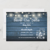 2 Foto blaue, rustikale Holzsäulenleuchten Save The Date (Rückseite)