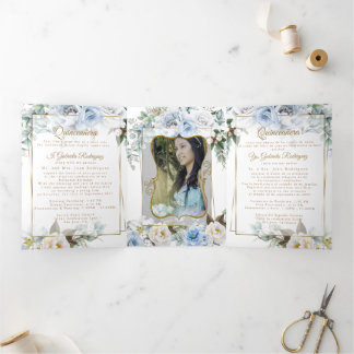 2 Foto Blue Peony Mis Quince Años Tri-Fold Dreifach Gefaltete Einladung