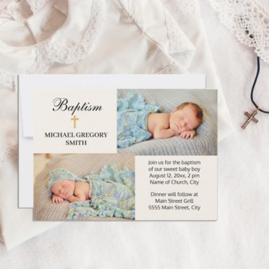 2 Foto Boy Girl Gold Cross Religiöse Taufe Einladung