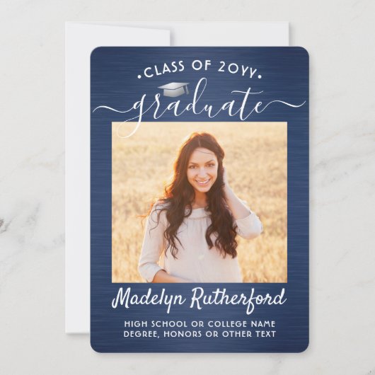 2 Foto Brushed Navy Blue White Script Abschluss Ankündigung (Vorderseite)