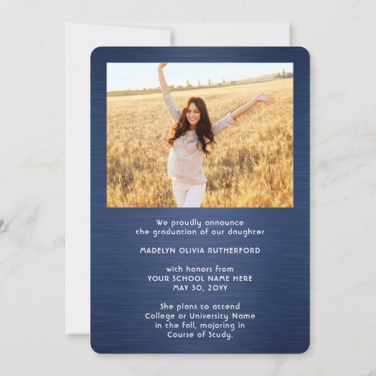 2 Foto Brushed Navy Blue White Script Abschluss Ankündigung (Rückseite)