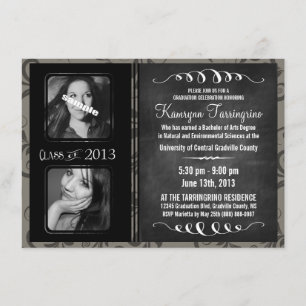 2 Foto Chalkboard Abschluss Grayscale Damask Einladung