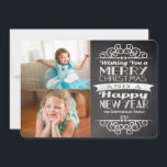 2-Foto-Chalkboard Vintag Custom Christmas Feiertagskarte<br><div class="desc">Die rustikale Vintage coole Schiefergraue Calkboard Ferienfotokarte beinhaltet zwei hochgeladene Fotos. Trendgrau mit frisch weißer Kreide in handgeschriebenem Look ist ein modernes Thema für den Urlaub! Fotografie © Storytree Studios,  Stanford,  CA</div>