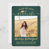 2 Foto Class Green & Gold Script Abschluss Ankündigung (Vorderseite)