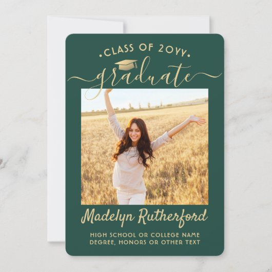 2 Foto Class Green & Gold Script Abschluss Ankündigung (Vorderseite)