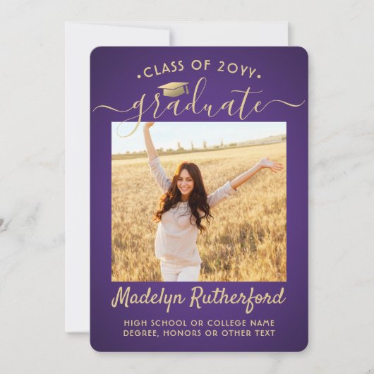 2 Foto Class Year Lila & Gold Script Abschluss Ankündigung (Vorderseite)