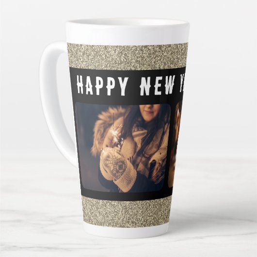 2 Foto Collage Gold Glitzer Frohes Neues Jahr 2023 Milchtasse (Linke Ecke)