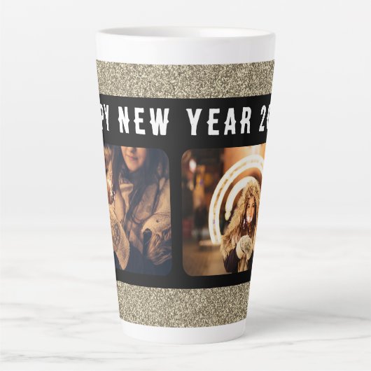 2 Foto Collage Gold Glitzer Frohes Neues Jahr 2023 Milchtasse (Vorderseite)