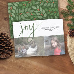 2 Foto Collage Joy Script Jahreszeit Gruß Olive Feiertagskarte<br><div class="desc">Grüne botanische Blätter mit korallenroten Beeren - Ein skurriles Design mit einer 2-Foto-Collage vorne und einem modernen botanischen Ast-Muster auf der Rückseite. Der Gruß ist ein großer festlicher Schriftart,  der modern und rustikal ist. Passen Sie dies mit 2 Fotos und Familiennamen an.</div>