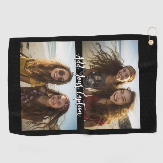 2 Foto Collage mit trendy Script Caption - Schwarz Golfhandtuch (Horizontal)