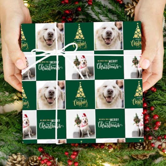 2 Foto Elegant Frohe Weihnachten Grün Gold Geschenkpapier