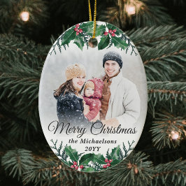 2 Foto Elegant Holly Greenery Frohe Weihnachten Keramik Ornament