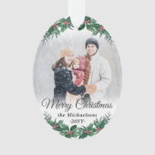 2 Foto Elegant Holly Greenery Frohe Weihnachten Ornament (Vorderseite)