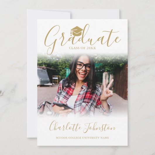 2 Foto Elegante Gold Script Foto Graduation Party Einladung (Vorderseite)