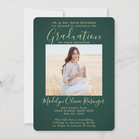 2 Foto Eltern Glückwunsch Grün und Gold Abschluss Ankündigung (Rückseite)