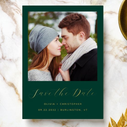 2-Foto Emerald Green Gold Script Save the Date Folieneinladung