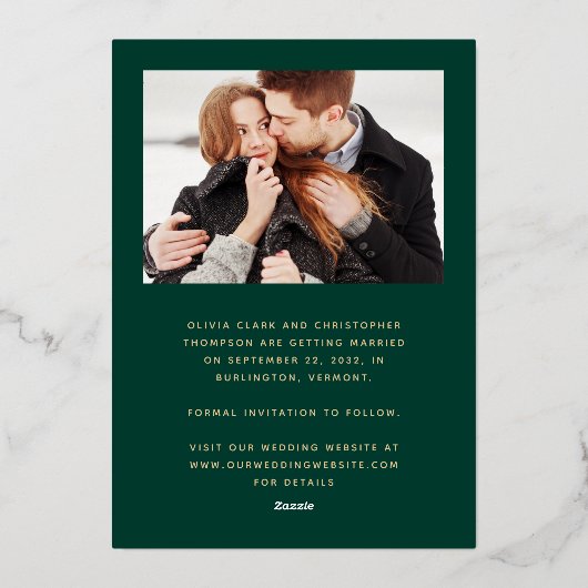 2-Foto Emerald Green Gold Script Save the Date Folieneinladung (Rückseite)