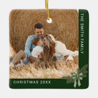 2 Foto Familienweihnachten Rustikaler Kiefernzweig Keramikornament
