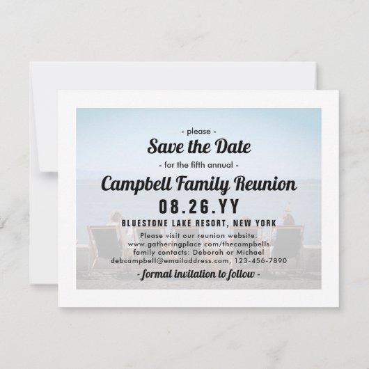 2 Foto Family Wiedersehen Party Modernes, elegante Save The Date (Rückseite)