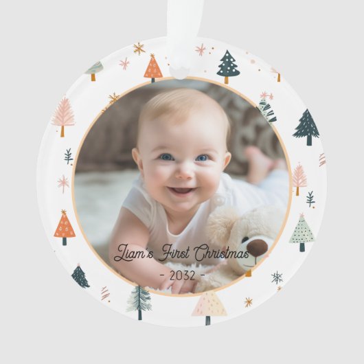 2 Foto "First Christmas" Nordic Tree Pattern Ornament (Vorderseite)