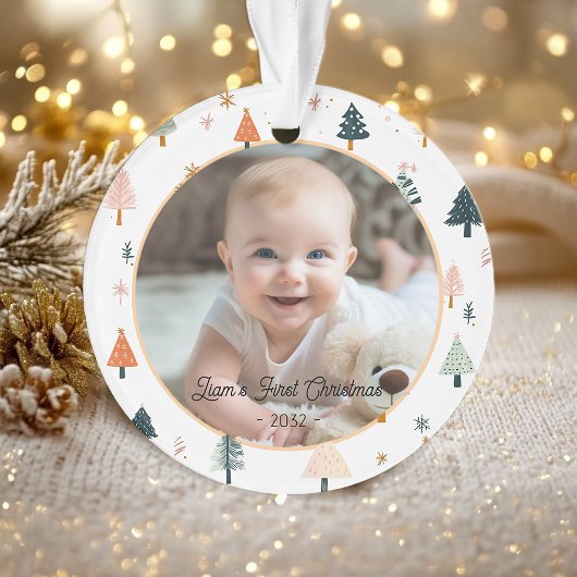2 Foto "First Christmas" Nordic Tree Pattern Ornament
