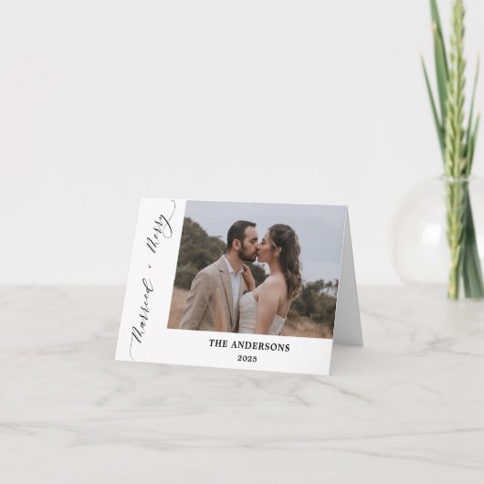 2 Foto Frohe Verheiratete Drehschrift Hochzeit Wei Dankeskarte (Vorderseite)