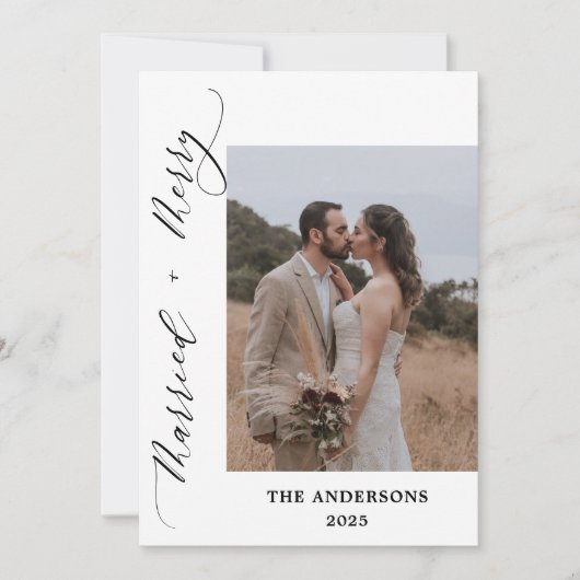 2 Foto Frohe Verheiratete Drehschrift Hochzeit Wei Dankeskarte (Vorderseite)