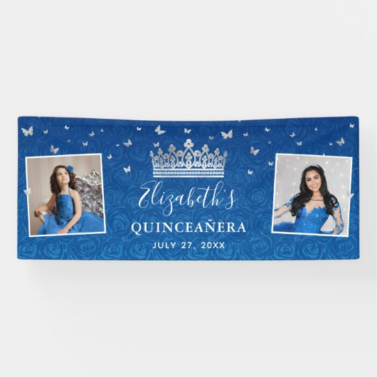 2 Foto Geburtstag Silber und Royal Blau Quinceaner Banner (Horizontal)