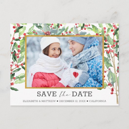 2 Foto Gold Foil Holiday Wedding Save the Date Feiertagspostkarte (Vorderseite)