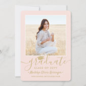 2 Foto Graduation Party Blush Pink & Gold Script Einladung (Vorderseite)