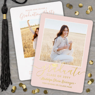 2 Foto Graduation Party Blush Pink und Gold Folieneinladung