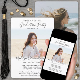 2 Foto Graduation Party Einfaches Schwarz-weißes S Einladung