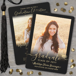 2 Foto Graduation Party Elegantes Schwarz und Gold Einladung