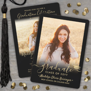 2 Foto Graduation Party Elegantes Schwarz und Gold Einladung