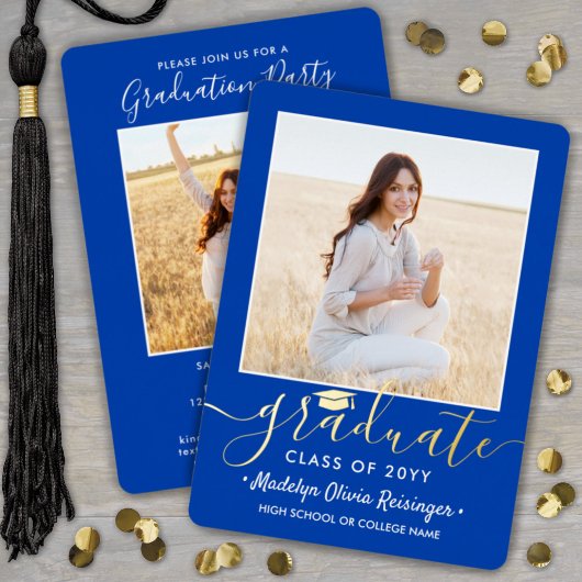 2 Foto Graduation Party Modernes Royal Blue und Folieneinladung