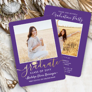 2 Foto Graduation Party Modernes Script Lila und Folieneinladung