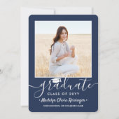 2 Foto Graduation Party Navy Blue & White Script Einladung (Vorderseite)