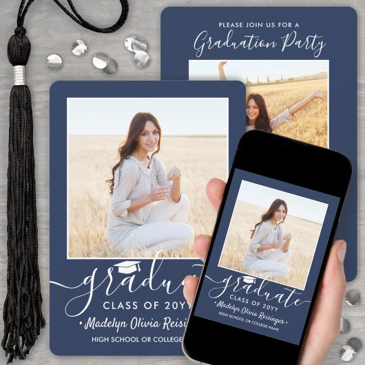 2 Foto Graduation Party Navy Blue & White Script Einladung