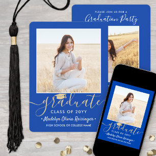 2 Foto Graduation Party Royal Blue & Gold Script Einladung