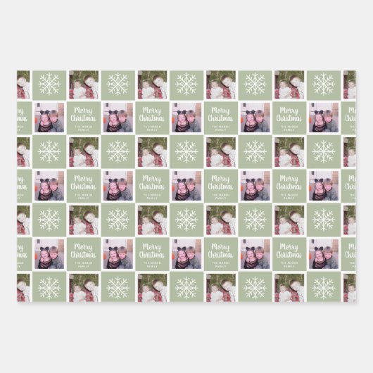 2 Foto Grüntöne - Frohe Weihnachtsschneeflocken Geschenkpapier Set (Vorderseite 3)