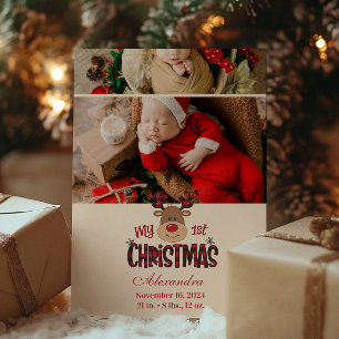 2 Foto Kariert Rentier Baby First Christmas Feiertagskarte