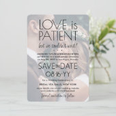 2 Foto Liebe ist geduldig nur auf der Hochzeitsfei Save The Date (Stehend Vorderseite)