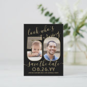 2 Foto Look Who's 50 Birthday Save the Date Gold Ankündigungspostkarte (Stehend Vorderseite)