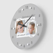 2 Foto meine Familie grau Große Wanduhr (Winkel)