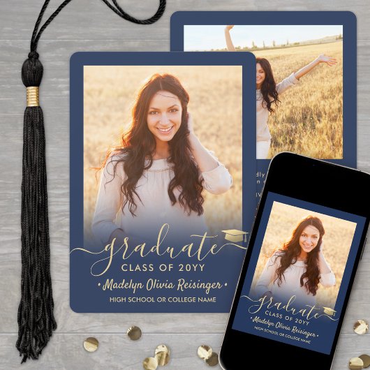 2 Foto Modern Simple Script Navy Gold Abschluss Ankündigung