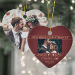 2 Foto Mr & Mrs. 1. Christmas Burgundy Gold Heart Keramik Ornament<br><div class="desc">Feiern Sie einen fröhlichen 1. Urlaub als verheiratetes Paar mit einem maßgeschneiderten 2-Foto "Unser erstes Weihnachtsfest als Mr. & Mrs." herzförmige Keramik Ornament. Alle Texte und Bilder auf dieser Vorlage sind einfach zu personalisieren. (IMAGE PLACEMENT TIP: Eine einfache Möglichkeit, ein Foto genau so zu zentrieren, wie Sie es gewollt haben,...</div>