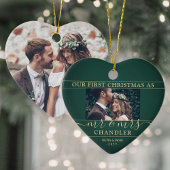 2 Foto Mr & Mrs. 1. Christmas Green & Gold Heart Keramik Ornament