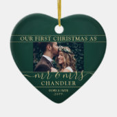 2 Foto Mr & Mrs. 1. Christmas Green & Gold Heart Keramik Ornament (Vorne)
