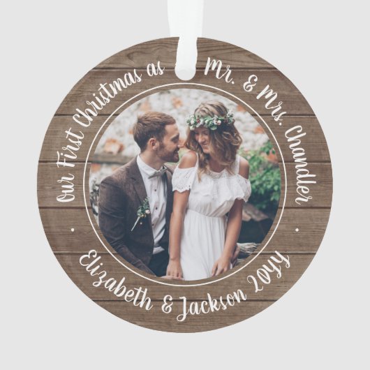 2 Foto Mr. & Mrs. 1 Weihnachten Rustikale Imitate Ornament (Rückseite)